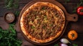 Traditional dish of Turkish cuisine - lahmacun with minced lamb and beef on a thin dough with vegetables and herbs, local cuisine