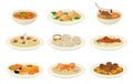 Traditional Dishes of Uzbek Cuisine with Pilaf and Lagman Side View Vector Set Royalty Free Stock Photo