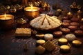 Traditional Diwali sweets and treats arranged in Royalty Free Stock Photo
