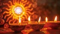 Diyas Lit and Vibrant Sun Design. Diwali Celebrations, Sinhala New Year Greeting Card. AI Generated