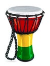 Traditional djembe hand drum african culture percussion instrument in colorful red yellow green ghana flag colors isolated white