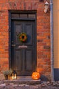 Traditional door with halloween decorations Royalty Free Stock Photo