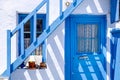 Traditional doors and windows in Greek white and blue style Royalty Free Stock Photo