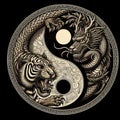 A traditional dragon and tiger in yin yang symbol, dark background Royalty Free Stock Photo