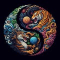 A traditional dragon and tiger in yin yang symbol, dark background Royalty Free Stock Photo