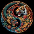 A traditional dragon and tiger in yin yang symbol, dark background Royalty Free Stock Photo