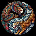 A traditional dragon and tiger in yin yang symbol, dark background Royalty Free Stock Photo