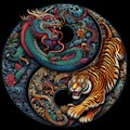 A traditional dragon and tiger in yin yang symbol, dark background Royalty Free Stock Photo