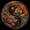 A traditional dragon and tiger in yin yang symbol, dark background Royalty Free Stock Photo