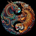 A traditional dragon and tiger in yin yang symbol, dark background Royalty Free Stock Photo