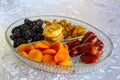 Traditional dried fruits in a glass tray. Jewish holiday Tu Bishvat, Israel