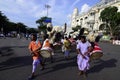 The traditional drummers called ' Dhaki ' performed in the city street.