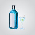 Traditional dry gin in blue bottle. Glass gin with green olive. Alcohol drink in hand drawn style.