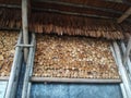 Traditional dry wood pile texture in the equatorial garden of Pontianak, West Kalimantan, Indonesia