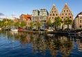 Traditional Dutch architecture reflected in water, Haarlem canals, Netherlands