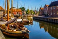 Traditional Dutch Botter Fishing Boats in the Harbor of the historic village of Spakenburg-Bunschoten Royalty Free Stock Photo