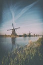 Traditional dutch countryside, landscape famous village of mills Kinderdijk, Netherlands Royalty Free Stock Photo