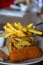 Traditional Dutch fast food snacks, fricandel and french fried potato chips