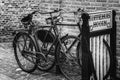 Traditional, Dutch, old bicycles parked near the wall of the coffee house Royalty Free Stock Photo