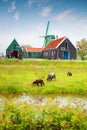 Traditional Dutch old wooden windmill in Zaanse Schans Royalty Free Stock Photo