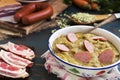Traditional Dutch pea soup on a rustic table