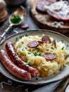 Traditional Dutch stamppot, a dish of mashed potatoes mixed with sauerkraut and smoked sausage, served on a plate. This Royalty Free Stock Photo