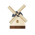 Traditional dutch windmill flat design vector illustration. Traditional dutch farm buildings for grinding wheat grains to flour.