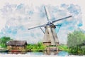 Traditional Dutch windmill with its house watercolor