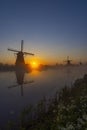 Traditional Dutch windmills with a colourful sky just before sunrise in Kinderdijk, The Netherlands Royalty Free Stock Photo