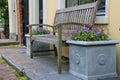Traditional Dutch wooden bench surrounded by decorative plants o