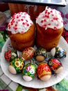 Traditional easter attributes in Ukraine. Easter bread paska and painted eggs pisanki. e