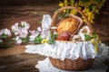 Traditional Easter basket with food. Royalty Free Stock Photo