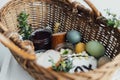 Traditional Easter basket. Natural dyed easter eggs, easter bread, ham, beets, butter, cheese in wicker basket decorated with Royalty Free Stock Photo