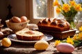 Traditional easter bread on table with flowers, traditional springtime festive holiday celebration decoration