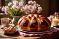 Traditional easter bread on table with flowers, traditional springtime festive holiday celebration decoration