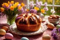 Traditional easter bread on table with flowers, traditional springtime festive holiday celebration decoration