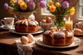 Traditional easter bread on table with flowers, traditional springtime festive holiday celebration decoration