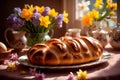 Traditional easter bread on table with flowers, traditional springtime festive holiday celebration decoration