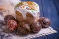 Traditional easter cake kulich Ukrainian Russian with colored eggs Royalty Free Stock Photo