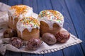 Traditional easter cake kulich Ukrainian Russian with colored eggs