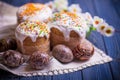 Traditional easter cake kulich Ukrainian Russian with colored eggs Royalty Free Stock Photo