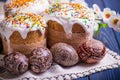 Traditional easter cake kulich Ukrainian Russian with colored eggs Royalty Free Stock Photo