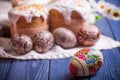 Traditional easter cake kulich Ukrainian Russian with colored eggs Royalty Free Stock Photo