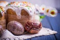 Traditional easter cake kulich Ukrainian Russian with colored eggs Royalty Free Stock Photo