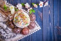 Traditional easter cake kulich Ukrainian Russian with colored eggs Royalty Free Stock Photo