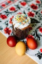 Traditional easter cake kulich Ukrainian style with colored eggs on painted towel Royalty Free Stock Photo