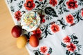 Traditional easter cake kulich Ukrainian style with colored eggs on painted towel Royalty Free Stock Photo