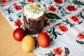 Traditional easter cake kulich Ukrainian style with colored eggs on painted towel Royalty Free Stock Photo