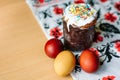 Traditional easter cake kulich Ukrainian style with colored eggs on painted towel Royalty Free Stock Photo