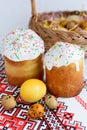 Traditional easter cake kulich Ukrainian style with colored eggs on painted towel Royalty Free Stock Photo